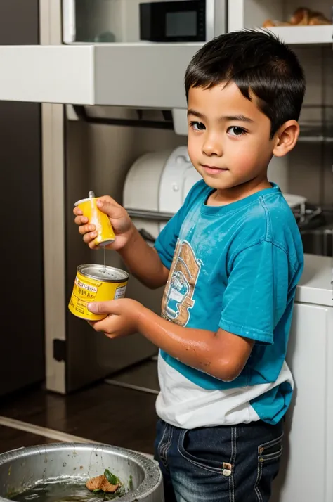 A boy washes a can of food