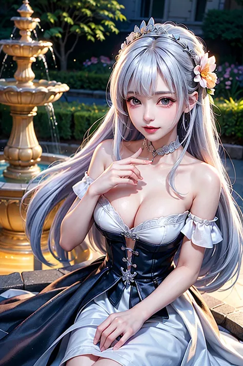 (Close-up image)((masterpiece:1.5,Highest quality,Highly detailed images,Beautiful images、Realistic、Photorealistic、2.5D))(1girl, 独奏,)(Adult women、medium beautiful breasts, white hair, beautiful eyes、Beautiful cleavage)(Off-the-shoulder dress、black dress:1....