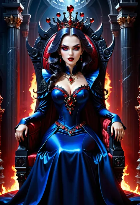 picture of a vampire queen sitting on her dark throne, a (vampire queen: 1.2) wearing dark blue dress, royal dress, glamorous dress, dynamic hair, bold intense eyes, extremely exquisite beautiful queen, perfect body, (anatomically correct: 1.3), ultra femi...