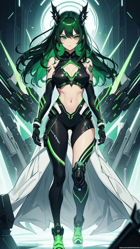 masterpiece, highest quality, (solo focus), (perfect face:1.1), (full body), (high detail:1.1), (hyper detailed eyes), dramatic, a woman with paleskin and long dark green hair, green eyes, solo, arrogant expression, neon cyberneticoutfit, white background,...