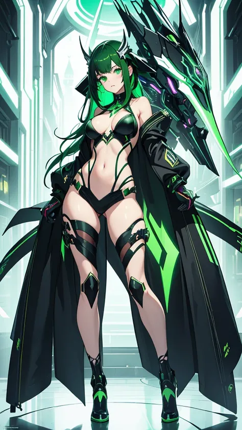 masterpiece, highest quality, (solo focus), (perfect face:1.1), (full body), (high detail:1.1), (hyper detailed eyes), dramatic, a woman with paleskin and long dark green hair, green eyes, solo, arrogant expression, neon cyberneticoutfit, white background,...