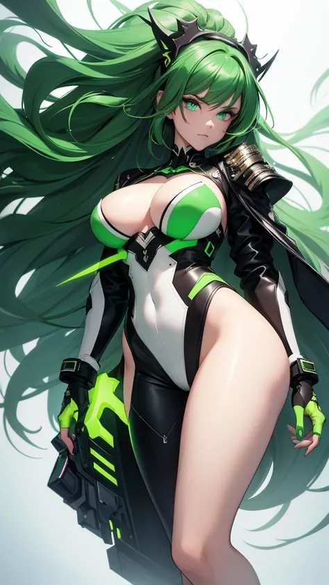 masterpiece, highest quality, (solo focus), (perfect face:1.1), (full body), (high detail:1.1), (hyper detailed eyes), dramatic, a woman with paleskin and long dark green hair, green eyes, solo, arrogant expression, neon cyberneticoutfit, white background,...