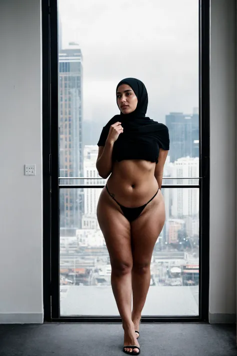 RAW photo,dark,moody,hazy atmosphere,35mm focal lenght,underexposed,cold,candid photograph,artistic,full body,photo of a beautiful,influencer,30yo Kurdish woman,hijab,detailed skin,naked, looking at viewer, thick body structure,grey background,no backgroun...