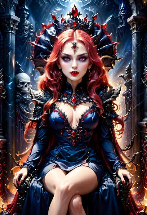 picture of a vampire queen sitting on her dark throne, a (vampire queen: 1.2) wearing dark blue dress, royal dress, glamorous dress, dynamic hair, bold intense eyes, extremely exquisite beautiful queen, perfect body, (anatomically correct: 1.3), ultra femi...