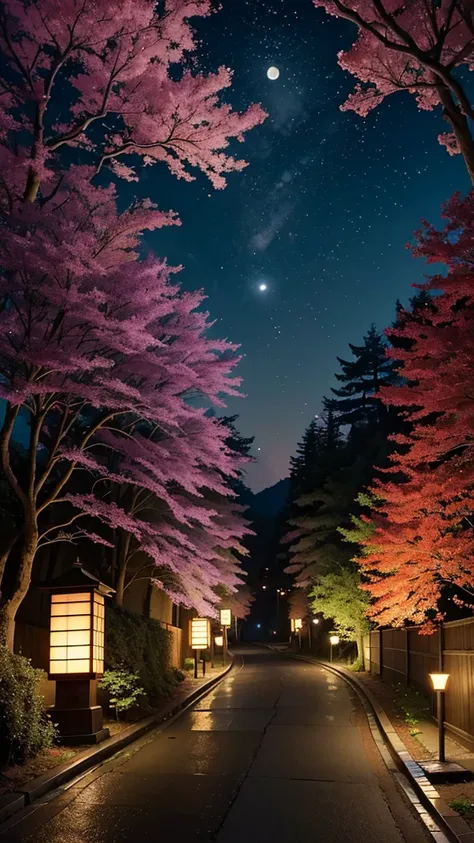 Official Art, Ancient Japan, treeTSakura Streets, (Lots of Fireflies), (Night), (Moon), (Star), Lights, Beautiful Landscapes, Epic Landscapes, Realistic Lights, Masterpiece, High Quality, Beautiful Graphics, High Detail , Global Illumination, Unreal Engine...