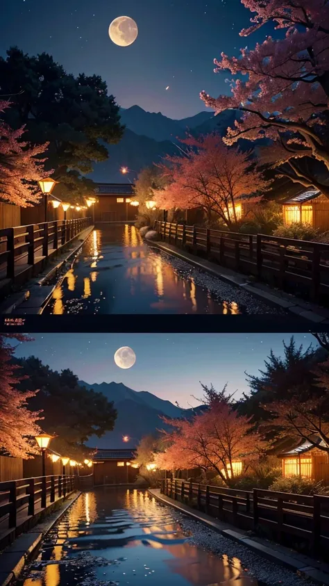 Official Art, Ancient Japan, treeTSakura Streets, (Lots of Fireflies), (Night), (Moon), (Star), Lights, Beautiful Landscapes, Epic Landscapes, Realistic Lights, Masterpiece, High Quality, Beautiful Graphics, High Detail , Global Illumination, Unreal Engine...