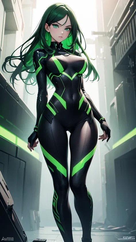 masterpiece, highest quality, (solo focus), (perfect face:1.1), (full body), (high detail:1.1), (hyper detailed eyes), dramatic, a woman with paleskin and long dark green hair, green eyes, solo, arrogant expression, neon cyberneticoutfit, white background,...