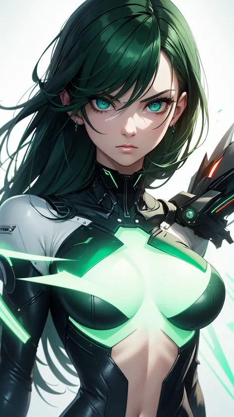 masterpiece, highest quality, (solo focus), (perfect face:1.1), (full body), (high detail:1.1), (hyper detailed eyes), dramatic, a woman with paleskin and long dark green hair, green eyes, solo, arrogant expression, neon cyberneticoutfit, white background,...