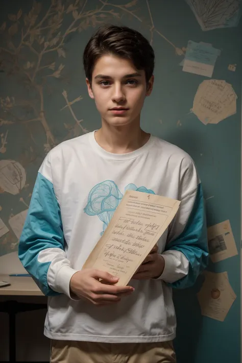 A beautiful young male twink, cute, with black hair, a face with reddish make-up, wearing a bright white long-sleeved shirt and aqua blue pants. He is in his office, and behind him is a blackboard on which is written the shape of the brain and its anatomy,...