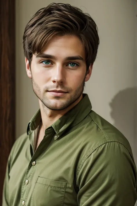 A 27-year-old boy with brown hair and green eyes 