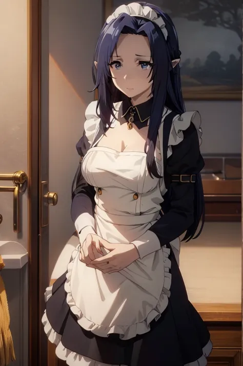 best quality, dark blue hair,,long hair,blue eyes,pointy ears,elf,,masterpiece, highres, solo, (maid:1.40), (long maid dress:1.15), anime_style, 14
