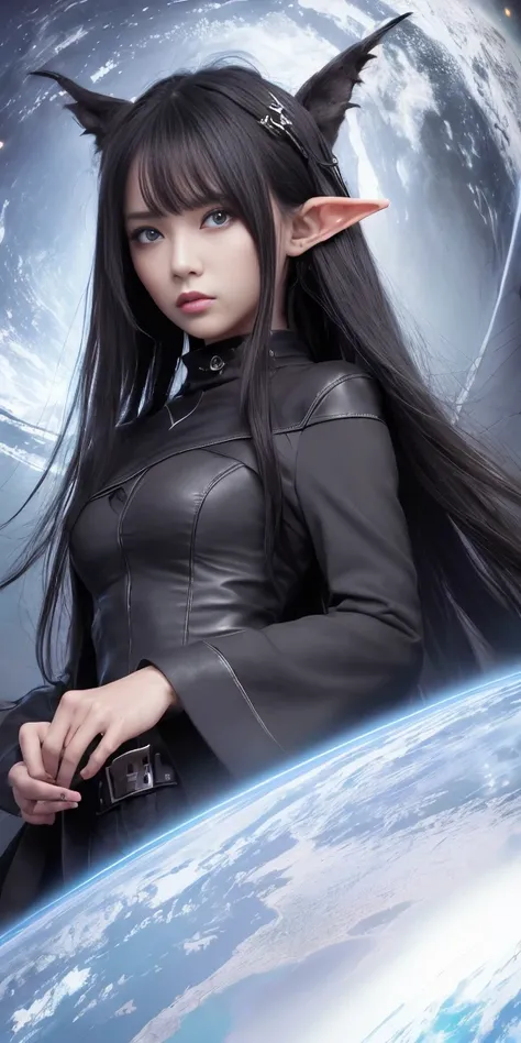 (Highest quality,High resolution:1.2),(dark,Threatening:1.1),(Unfortunate:1.1), In the vortex of space,
８Old Elf Girl、Medium-long black hair、Grey Eyes、Men&#39;s black T-shirt、No bottoms worn、dark寝室、Provocative facial expression