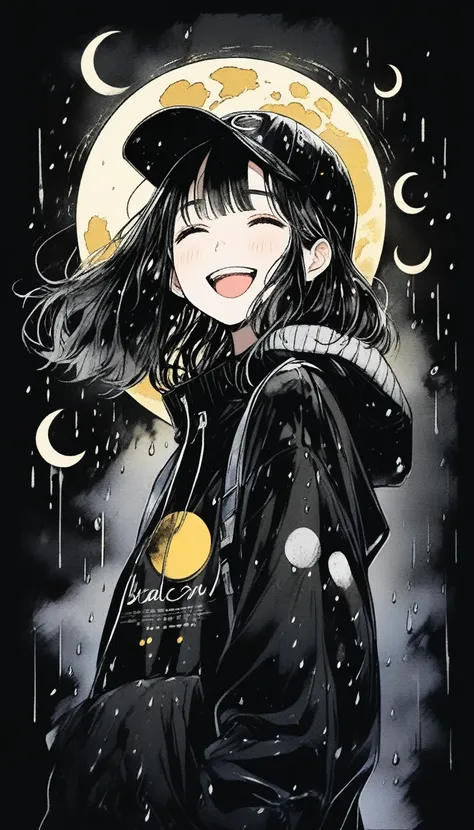 Illustrator, anime , Realistic ,sketch , smile、Laughing with your mouth open、Abstract rain on background、Shining golden full moon、whole body、1 girl, ,lip, sweater,order, Black gradient background, black髪,Short Bob、blackｔshirt、Textured Trim, Canadian, (mast...