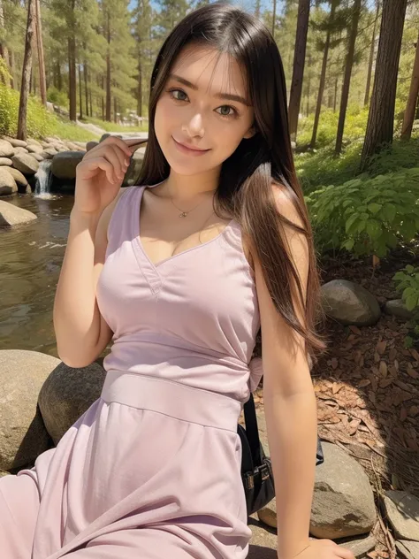 rie,One Woman,(best quality), (ultra detailed), (absolutely resolution),Face is front, 18-year-old, Seductive pose, Bunny girl, The color of the dress is lavender, The pattern on the clothes is argyle, Brown Hair, The forest around the Blue Pond