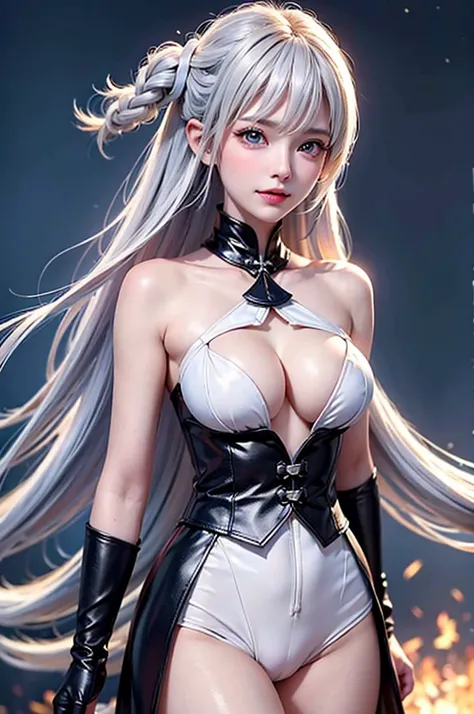 (Close-up image)((masterpiece:1.5,Highest quality,Highly detailed images,Beautiful images、Realistic、Photorealistic、2.5D))(1girl, 独奏,)(Adult women、medium beautiful breasts, white hair, beautiful eyes、Beautiful cleavage)(cleavage_cutout, Leather Suit)(smile,...