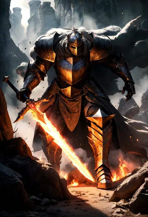 a knight with a giant flaming sword cutting through a stone golem, detailed fantasy character, highly detailed, hyperrealistic, 8k, dramatic lighting, epic scene, rich textures, vibrant colors, cinematic composition, dynamic pose, volumetric fog, god rays,...