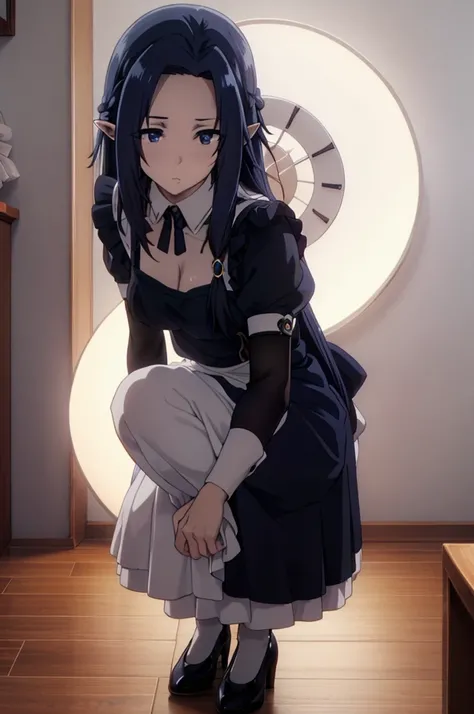 best quality, dark blue hair,,long hair,blue eyes,pointy ears,elf,,masterpiece, highres, solo, (maid:1.40), (long maid dress:1.15), anime_style, 14
