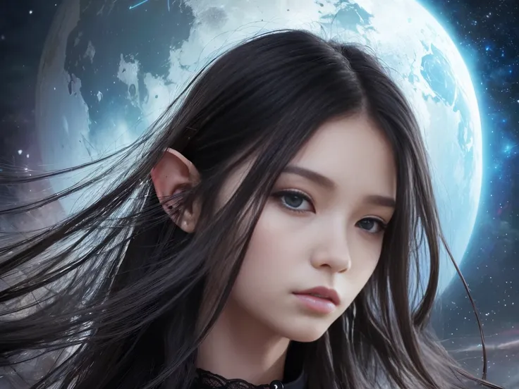 (Highest quality,High resolution:1.2),(dark,Threatening:1.1),(Unfortunate:1.1), In the vortex of space, ８Old Elf Girl、Medium-long black hair、Grey Eyeen&#39;s black T-shirt、No bottoms worn、dark寝室、Provocative facial expression、whole body