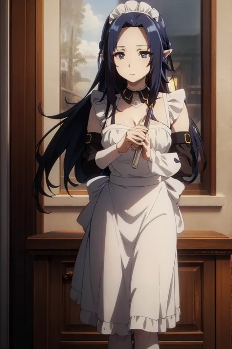 best quality, dark blue hair,,long hair,blue eyes,pointy ears,elf,,masterpiece, highres, solo, (maid:1.40), (long maid dress:1.15), anime_style, 14
