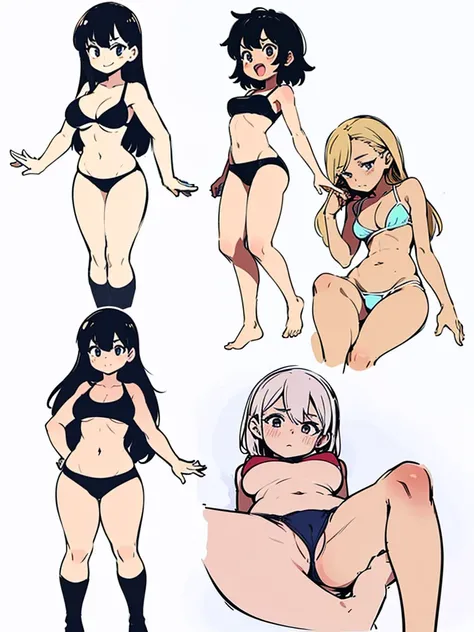 a few cartoon images of the same female character that im not sure what this is, a young girl touching her stomach and her breasts, a collection of sketches of several women, two pages show a woman in underwear next to another girl wearing a thongy panties