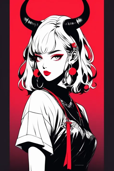 (best quality, sketch:1.2),realistic,illustrator,anime,1 girl with horns, detailed lips,custom, short skirt, black and red gradient background,neon hair,textured cropping, masterpiece, style retro classic, noir style , Japanese style, full body ((monochrom...