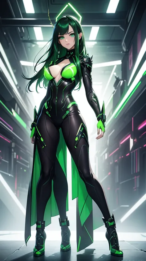 masterpiece, highest quality, (solo focus), (perfect face:1.1), (full body), (high detail:1.1), (hyper detailed eyes), dramatic, a woman with paleskin and long dark green hair, green eyes, solo, arrogant expression, neon cybernetic outfit, heels, white bac...