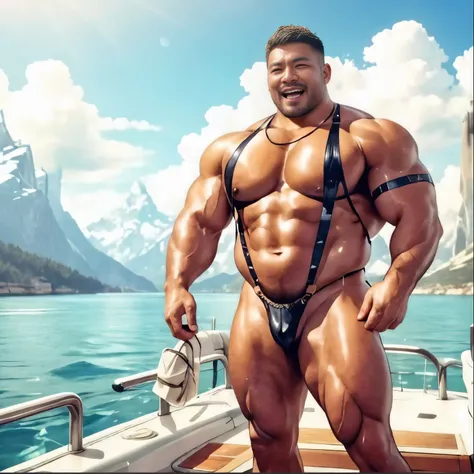 A handsome Asian actor，35 years old，High target, Fitness，short hair, O-Shaped Beard，Perfect body, Dark skin color，Radiant Skin，Smooth skin，Muscle bulge, muscular, Very large pectoral muscles，Very sexy abdominal muscles，Very well-developed leg muscles，Huge ...