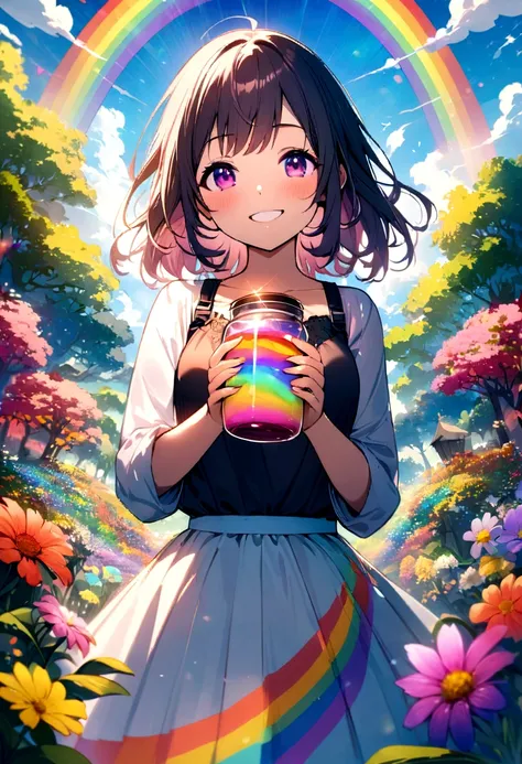 A girl standing with a beaming smile on her face, holding the jar of magic paint in her hands. It is surrounded by a magical and colorful environment, with colorful flowers, vibrant trees and a sky full of rainbows. 4k resolution