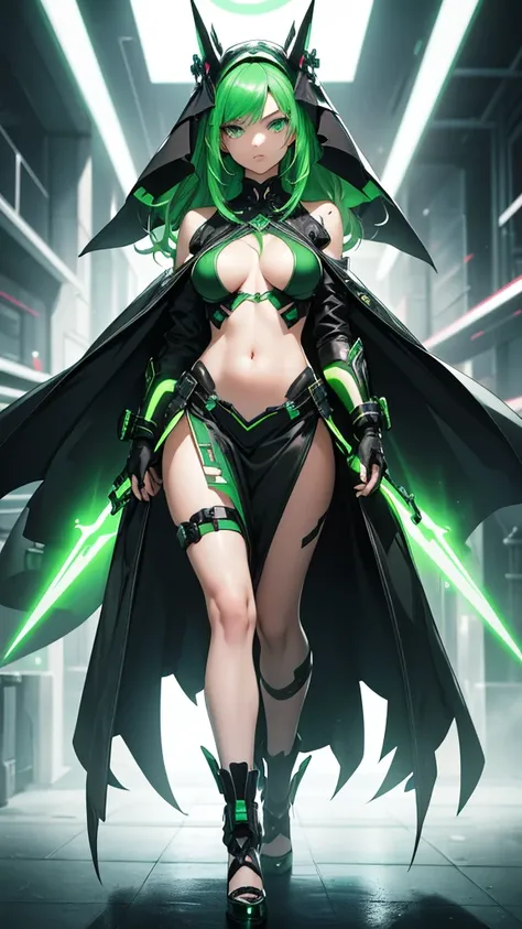 masterpiece, highest quality, (solo focus), (perfect face:1.1), (full body), (high detail:1.1), (hyper detailed eyes), dramatic, a woman with paleskin and long dark green hair, green eyes, solo, arrogant expression, neon cybernetic outfit, heels, white bac...