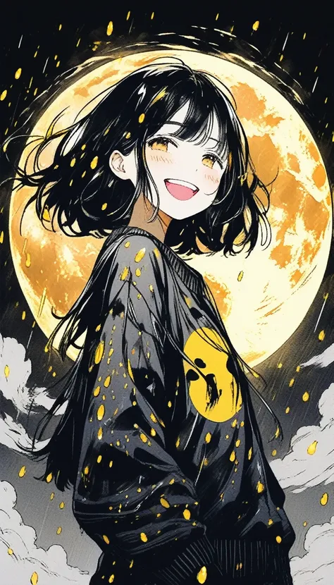 Illustrator, anime , Realistic ,sketch , smile、Laughing with your mouth open、Abstract rain on background、Shining golden full moon、whole body、1 girl, ,lip, sweater,order, Black gradient background, black髪,Short Bob、blackｔshirt、Textured Trim, Canadian, (mast...