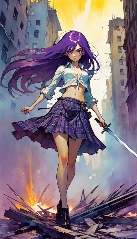 very sexy girl, long purple hair, open shirt, plaid skirt, with a sword in a dynamic position, scene of a destroyed city, fire,  (art inspired in Skottie Young and Bill Sienkiewicz). oil painting) 