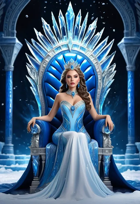 Arafed a picture of a an ice goddess sitting on her frozen throne, wearing white and blue royal dress, glamorous dress,  dynamic hair, bold intense eyes, extremely exquisite beautiful queen, perfect body, (anatomically correct: 1.3), ultra feminine, ultra ...