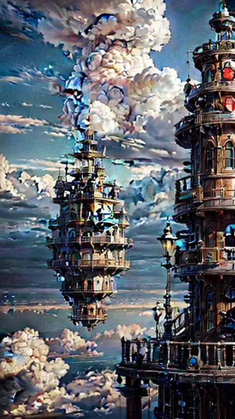 super detaill, High details, high qualiy, 8K, miyazaki style, a steampunk style city floating in the sky, clouds and diverse architecture, exuding mystery and technology --v 6