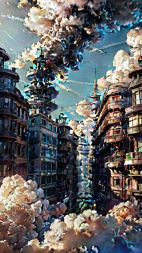 super detaill, High details, high qualiy, 8K, miyazaki style, a steampunk style city floating in the sky, clouds and diverse architecture, exuding mystery and technology --v 6