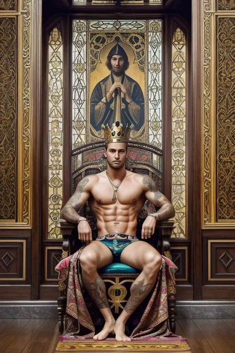 a surreal courtly photography, ultra-detailed, panoramic composition of subject and complete surrounding environment, handsome manly young topless christian hogue sitting on a throne, wears rich silks shorts and decorations, a crown on his head, Gold snake...