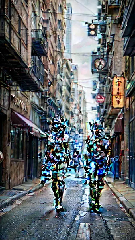 Its two robots walking down the street with guns, detailed cinematic photography, steampunk digital art, bigstudiovfx, TV series still image, anthropomorphic female, featured on vimeo, models yasuke 5 0 0 px, por Robert Koehler, interconnected human lifefo...