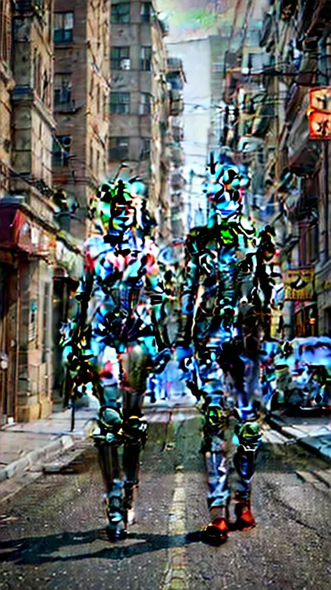 Its two robots walking down the street with guns, detailed cinematic photography, steampunk digital art, bigstudiovfx, TV series still image, anthropomorphic female, featured on vimeo, models yasuke 5 0 0 px, por Robert Koehler, interconnected human lifefo...