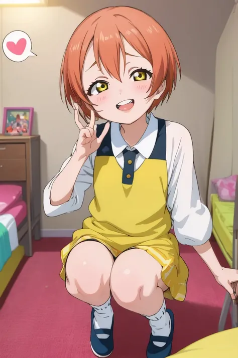 ,girl,happy,smile,,rin hoshizora ,open mouth,,looking viewer,,spoken heart,6yo,(petite),flat chest,grin,my room,socks,,