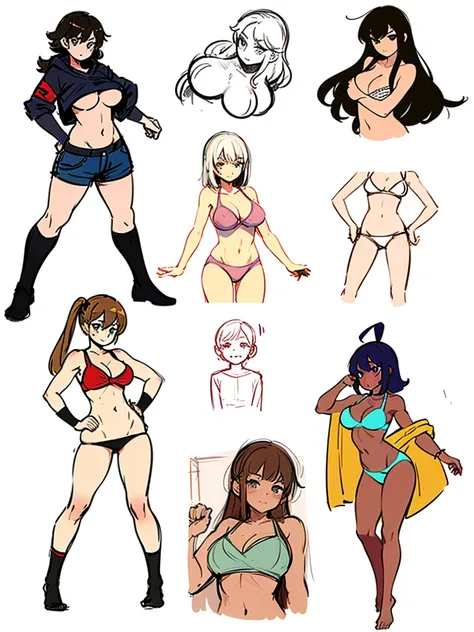 a few cartoon images of the same female character that im not sure what this is, a young girl touching her stomach and her breasts, a collection of sketches of several women, two pages show a woman in underwear next to another girl wearing a thongy panties