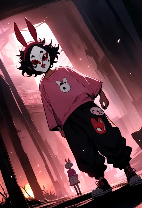 anime boy with black fluffy hair baggy jeans black and pink shirt black and pink skateboard bunny beret and white doll mask with red horns