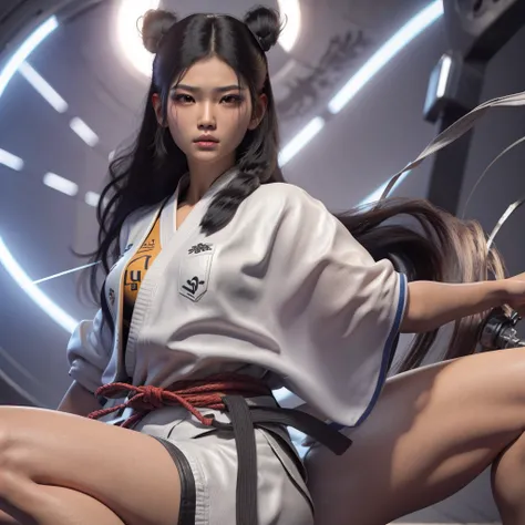 detailed portrait of a muscular asian girl with spiky black hair, piercing eyes, a strong jawline, and wearing a white karate gi, highly detailed, photorealistic, 8k, hyperrealistic, beautiful lighting, sharp focus, masterpiece