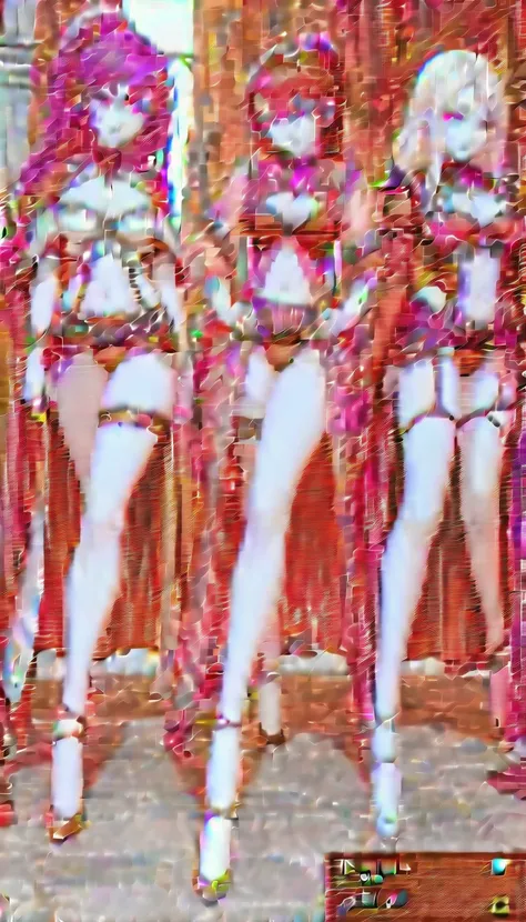 screenshot of digital fantasy book semi-realistic style screenshot three beautiful women, each one looks serious, one with black hair, purple eyes, another with red hair and purple eyes, and finally one with white hair, full bodies dressed as dancers