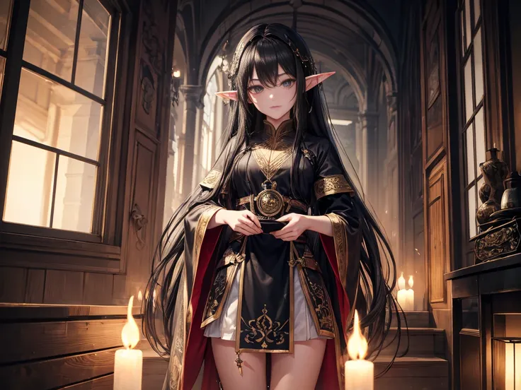 masterpiece, Highest quality, 8K, High resolution, (Head to Toe:1.4),８Old Elf Girl、Medium-long black hair、Grey Eyes、Wearing only a man&#39;s black T-shirt、No bottoms worn、Lying in a dark bedroom、Provocative facial expression