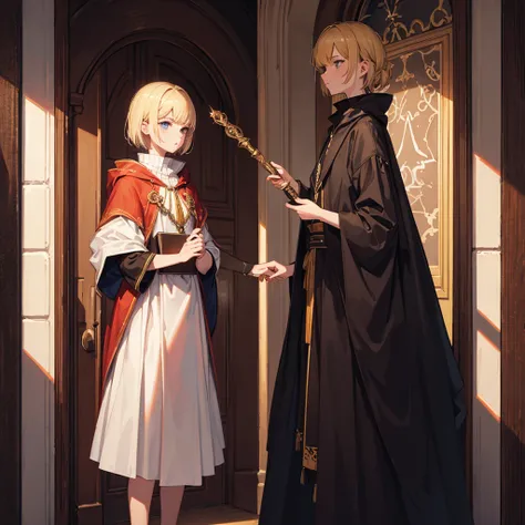 Elfa himself, adult, blonde, short-hair, serious face, beige cloak with leather details, holding a spell book, holding a staff, delicate character; Fantasy Style, Poster Composition;