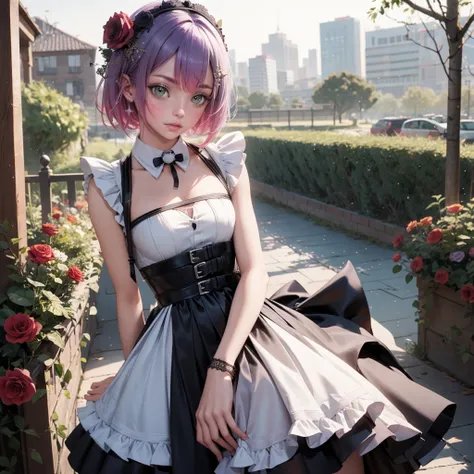 1girl, short hair, short flowing hair, floating hair, ornament hair, perfectly body, perfectly hands, rose on hair, purple rose on hair, 1 girl, Looking at the audience, flowing hair, Beautiful Eyes, Plump and glossy lips, maid, maid dress, maid apron, whi...