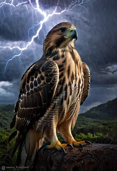 a powerful and intense image of a fierce hawk named "hawk tua" spitting fire on a mysterious object. the hawk is depicted as maj...