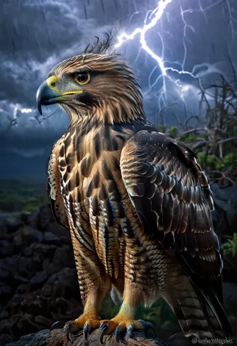 a powerful and intense image of a fierce hawk named "hawk tua" spitting fire on a mysterious object. the hawk is depicted as maj...