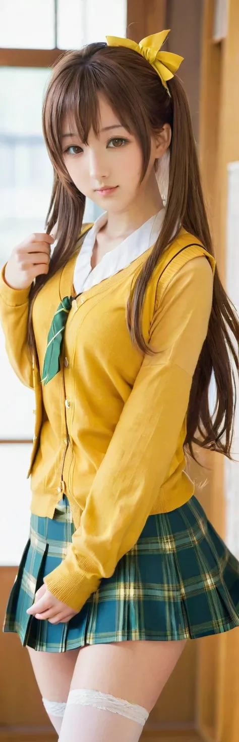 (masterpiece, best quality:1.2), 1girl, solo,standing_split, 
Mikan Yuuki, brown eyes, brown hair, hair ornament,long hair,green plaid skirt, sainan high , , white shirt, yellow sweater vest,no panty, exposed pussy

