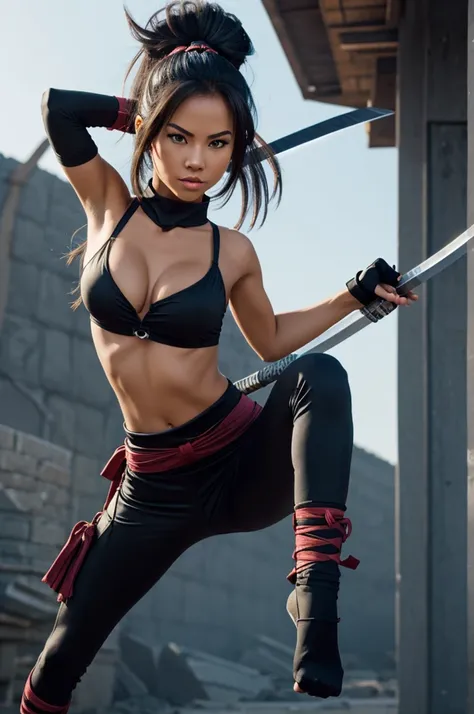 Create a wildcat girl, in a ninja outfit using two katanas