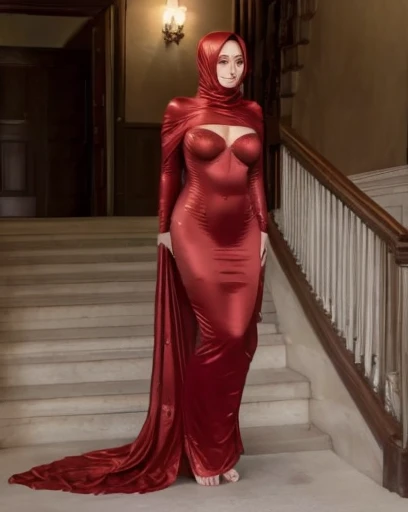 a beautiful woman in the silk red sack, mummified, tight full body tied, satin sheet, nipple on, shibari, satin hijab, full body, long satin,mermaid tight long gown, detail face,tall women, walk downstair, strugle to walk, both arms tied, bondage.